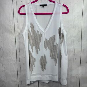 Sanctuary White Sequin Embellished V Neck Sleeveless Blouse Minimalist Glam